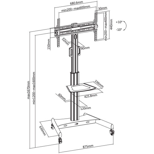 Carrello porta televisione con ruote regolabile per TV da 32" - 65" Rolling