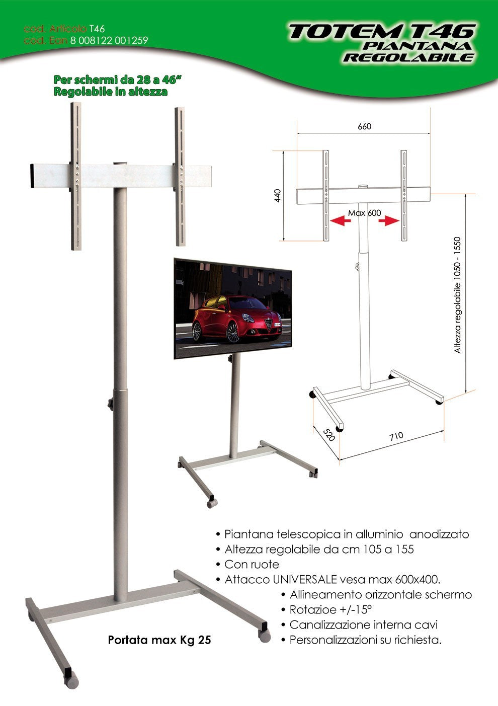 Piantana porta televisore regolabile Totem T46