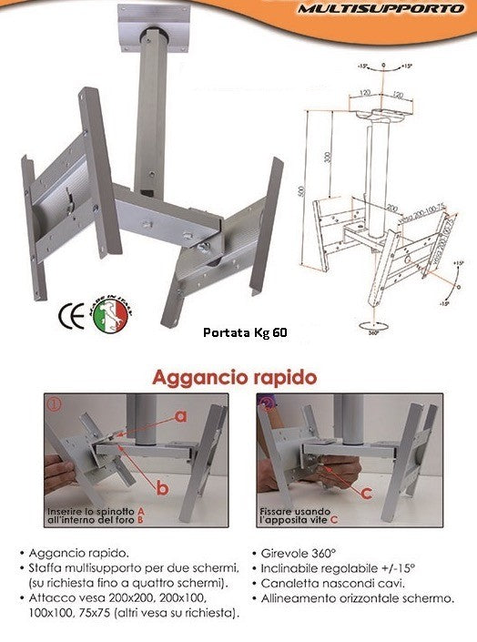 Supporto TV da soffitto per due monitor Danny